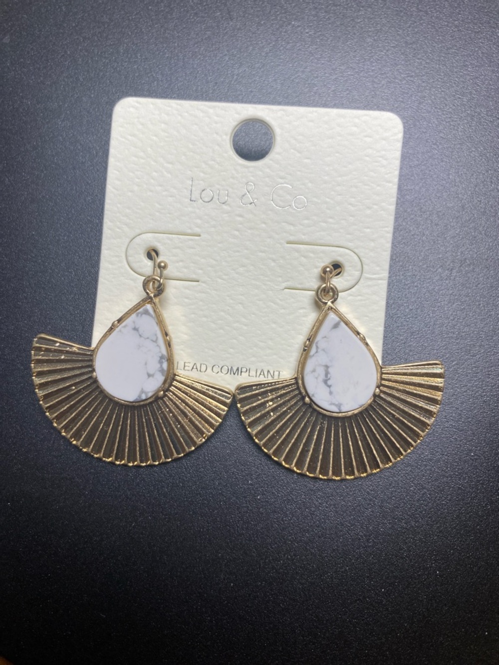 Gold Fan Drop Earrings with White Marble Teardrop